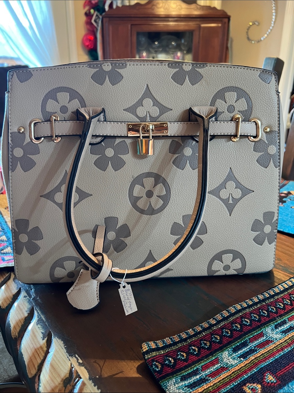 Tan Floral Monogram Tote Bag with Gold Hardware